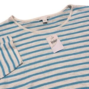 NEW J.Jill Button Bag Top Linen Blend Striped 3/4 Sleeve Pocket Lightweight L